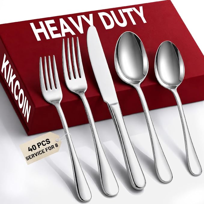 KIKCOIN 40 Pack Silverware Set for 8, Food-Grade Stainless Steel Flatware Set, Heavy Duty Mirror Polished Cutlery Utensils Set with Knives Spoons and Forks Set for Home Kitchen Restaurant Wedding