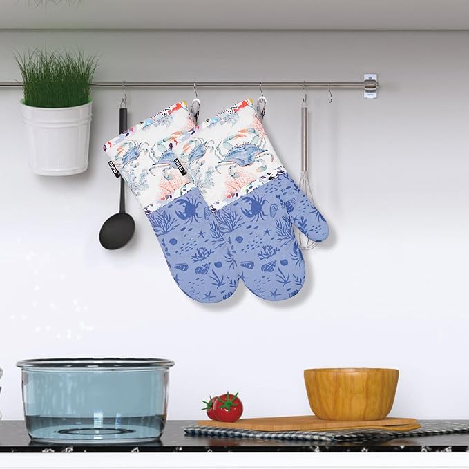 Alselo Oven Mitts 1 Pair, Silicone Printed Kitchen Mittens,7"x13.5" | Heat Resistant & Non-Slip Oven Gloves, Fashion Animal Design with Soft Quilted Cotton Lining for Baking Cooking BBQ (Lilac 2)