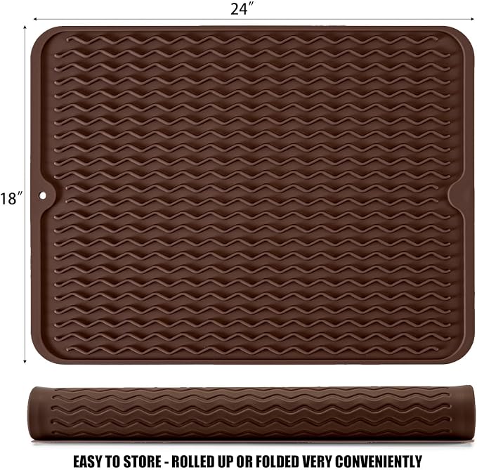 Silicone Dish Drying Mat, Non-Slip Easy Clean Sink Mat, Coffee, 24" x 18" | Quick-Dry Ridges, Large Heat-resistant Dish Drainer Mat for Kitchen Counter, Hangable & Roll-Up for Storage, Dishwasher Safe