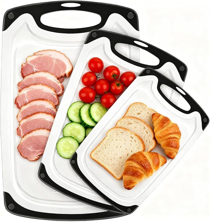 Viretang Dishwasher Safe Cutting Board for Kitchen, 3 Pieces, Grinding Area | Plastic Cutting Boards with Juice Grooves, Easy Grip Handle, Non-Slip, Non BPA, White(15.6x9.4/12.4x7.8/9.6x5.7 inch)