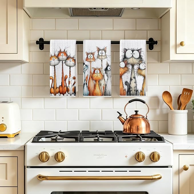 3 Pcs Cute Cat Kitchen Towels, Funny Cats Gifts Absorbent Hand Towels-03 | Cat Dish Cloths for Drying Dishes, Cats Waffle Dish Towels for Kitchen Home Bathroom Decor, Cat Lover Gifts for Women Mom