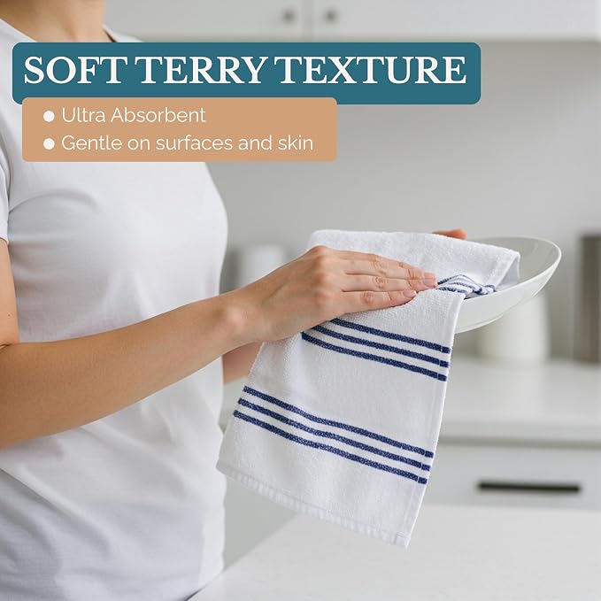 Casa Platino Kitchen Towel Set 8 Pc 4 Dish Cloths (13"x13") & 4 Kitchen Towels (16"x26") - Absorbent, Quick Dry, Soft, Durable Dish Rags With Hanging Loop for Wiping Surfaces & Drying Dishes - Blue.