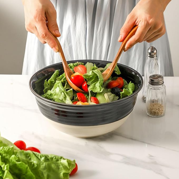 HASENSE Large Porcelain Serving Bowls Set of 2, 60 Oz 8.5 Inch Black & Beige Stoneware Mixing Bowls, Farmhouse Bowls for Salad, Soup & Pasta, Dishwasher & Microwave Safe