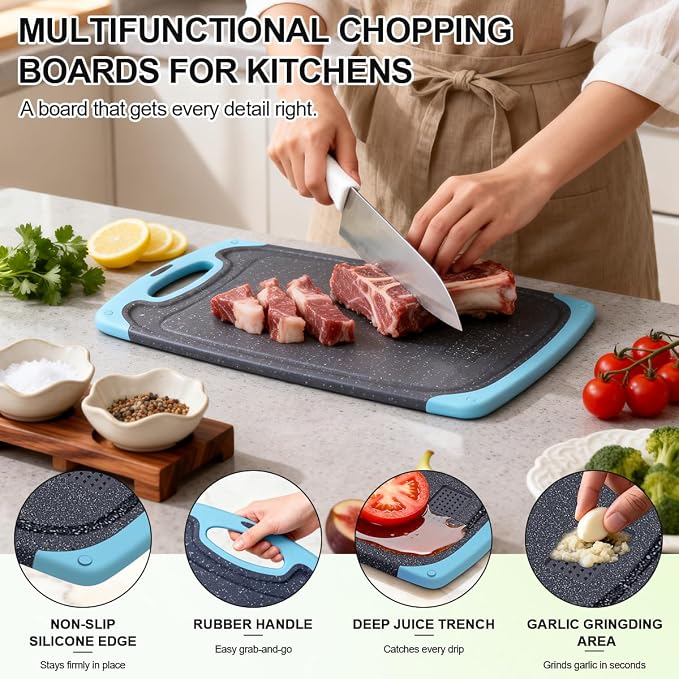 Plastic Cutting Boards for Kitchen non BPA, 3 Pieces, Dishwasher Safe, Aqua | Chopping boards Set with Juice Grooves, Easy Grip Handle, Non-Slip, Grinding Area for Grinding Garlic and Ginger