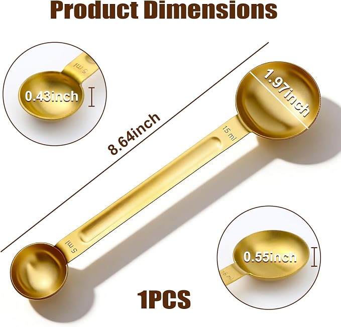 Double Sided Measuring Spoons, Stainless Steel Gold Coffee Teaspoon | 1 Tsp (5ml) & 1 Tbsp (15ml) Dual-Measure Long-Handle Tablespoon for Milk Coffee Making