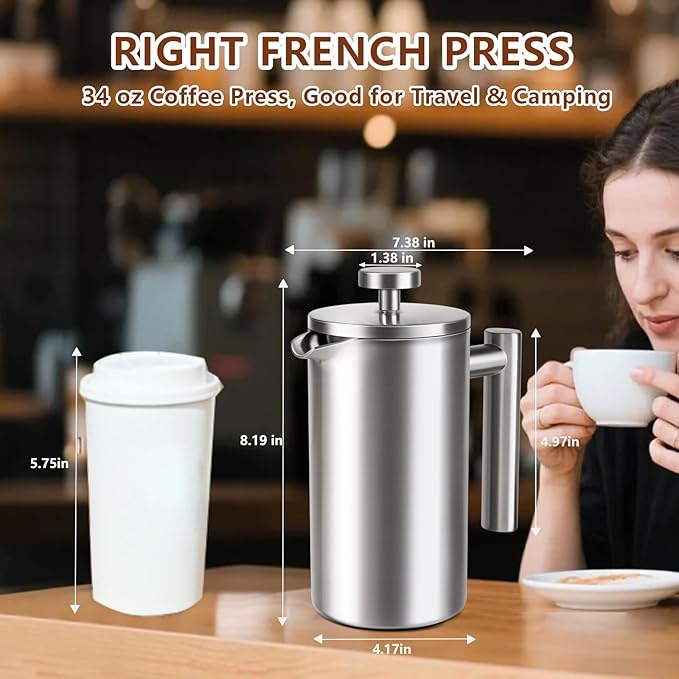 French Press 34 oz, Full Stainless Steel French Press Coffee Maker 4 Cups | Upgraded Double-Walled Insulated French Coffee Presses, Food Grade Good for Kitchen Camping, Dishwasher Safe 2 More Filters