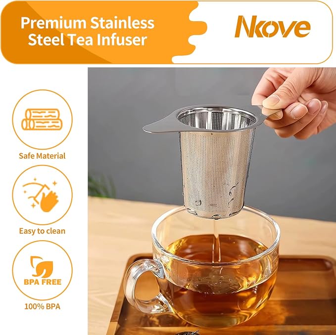 NKOVE Stainless Steel Tea Infuser, Loose Leaf Tea Strainer, Fine Mesh | Universal Tea Filter for Teapot Cup Mug, Reusable Tea Steeper Basket with Fine Mesh, Stainless Steel Infuser