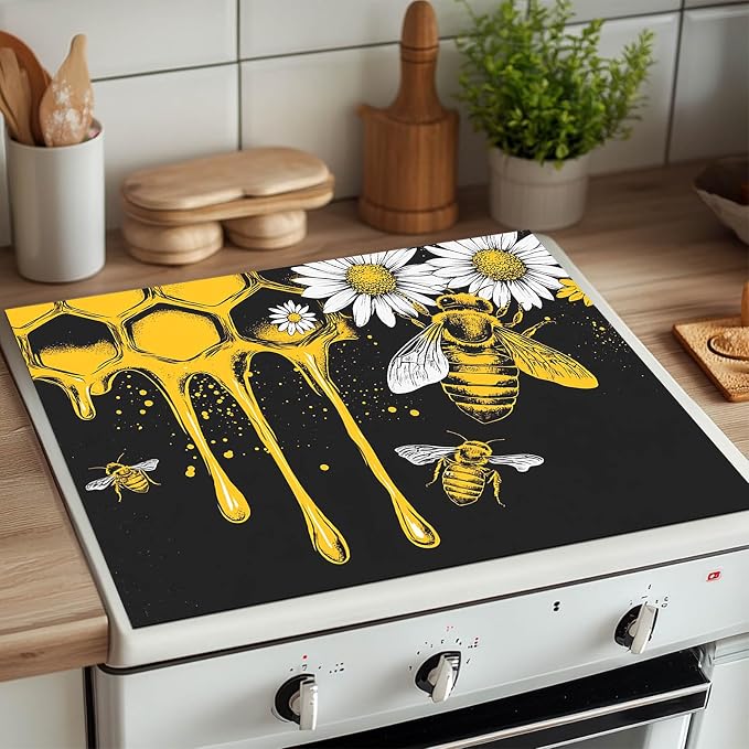 HOMETITUTE Honey Bee Stove Top Cover 28x20 Honeycomb Daisy Diatomite Mat