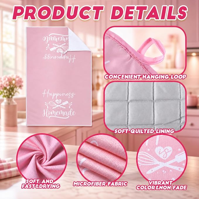 Sratte 6 Pcs Kitchen Decor Accessories Set, Kitchen, Pink | Farmhouse Kitchen Towels Pot Holders Oven Mitts Set 2 Dish Towels 2 Potholders 2 Cooking Mittens for Baking Cooking Supply