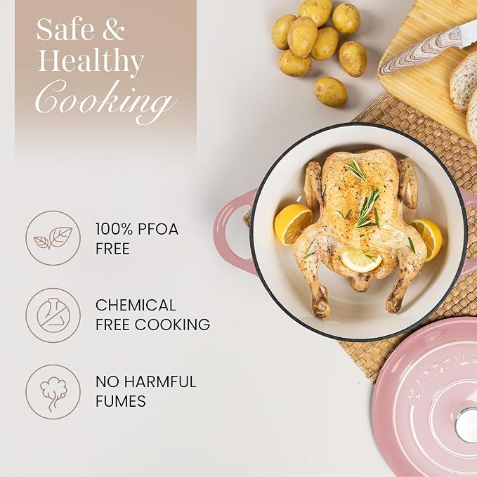 Nuovva Enamelled Cast Iron Dutch Oven Pot with Lid 6.4 Quart Non Stick Casserole Pot-Heavy Duty & Oven Safe up to 500° F for Bread Baking, Braising, Stews, Roasting - 28cm Pink
