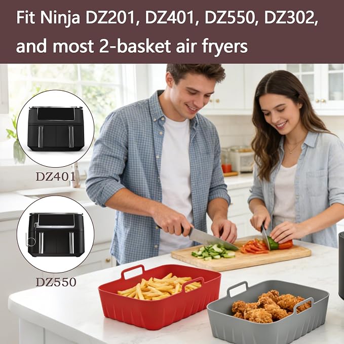 Golden Associate Silicone Liners Rectangle 2 Pcs for Air Fryer Dual Basket 8 to 10 Qt, Food-grade Reusable Baking Tray Fit Ninja DZ201 DZ401 DZ550, 4 to 5 Qt Each, Double Zone Airfryer Accessories