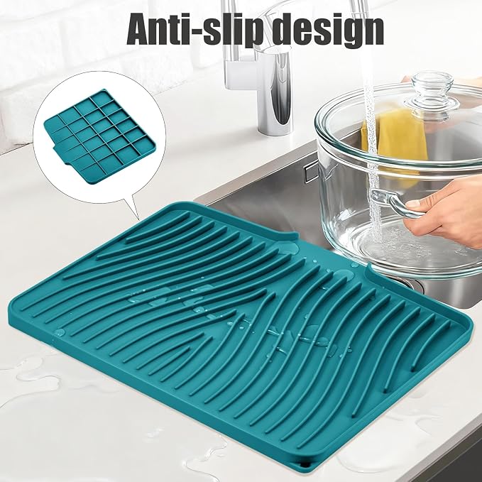 TIKNIK Silicone Dish Drying Mat for Kitchen Counter, Green-1pcs, 16" x 12" | Heat Resistant & Non-Slip Dish Drain Pad with Built-In Drain, Dishwasher Safe, Quick-Dry, Hangable & Roll-Up for Storage