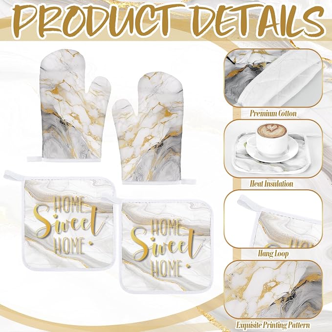 Bencailor 6 Pcs White and Gold Kitchen Decor White Marble Dish Towels Oven Mitts and Potholder Marble Kitchen Set for Baking Cooking Grilling Cleaning Supply Accessories