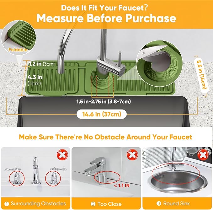 14.6 inch Faucet Mat for Kitchen Sink Splash Guard[7° Slope Fast Self-draining][Snap Lock Fit]Kitchen Sink Faucet Mat Splash Guard Kitchen Sink Area Water Splash Guard Behind Faucet Draining Mat