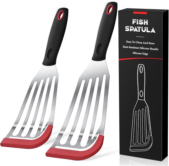 2Pcs Silicone Fish Spatula, Heat Resistant Silicone Edge for Nonstick Cookware, Fish Turner for Kitchen Use, Flexible and Thin Stainless Steel Utensils, Perfect Slotted Spatula for Egg, Pancake, Red