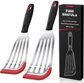 2Pcs Silicone Fish Spatula, Heat Resistant Silicone Edge for Nonstick Cookware, Fish Turner for Kitchen Use, Flexible and Thin Stainless Steel Utensils, Perfect Slotted Spatula for Egg, Pancake, Red