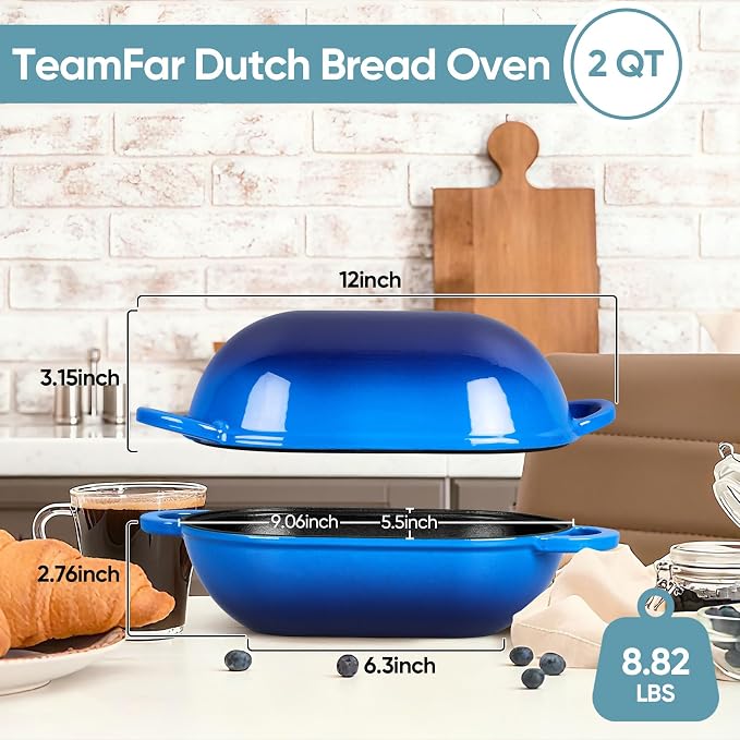 TeamFar Enameled Cast Iron Bread Loaf Pan, 2 QT Oval Dutch Oven with Lid | for Sourdough Bread Baking, Enameled Meatloaf Loaf Baking Pan with Lid, Even Heat Distribution & Self-Basting, Blue