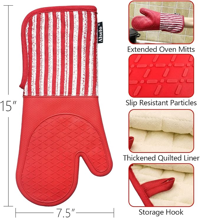 Alselo Silicone Oven Mitts Heat Resistant 932℉ with Waterproof & Non-Slip | Kitchen Mittens Set of 2,Extra Long 7.5"x15" Oven Gloves with Soft Cotton Terry Lining for Baking Cooking BBQ(Red,2)