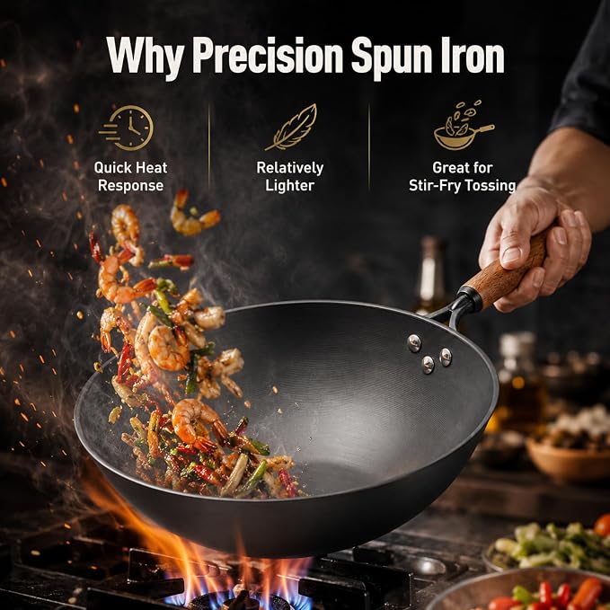 Carbon Steel Wok with Glass Lid, 12.6 Inch Flat Bottom Stir Fry Pan, Rolled Edge Spun Wok Pan, Coating-Free Wok for Induction, Gas & Electric Cooktops, 3–4 Servings