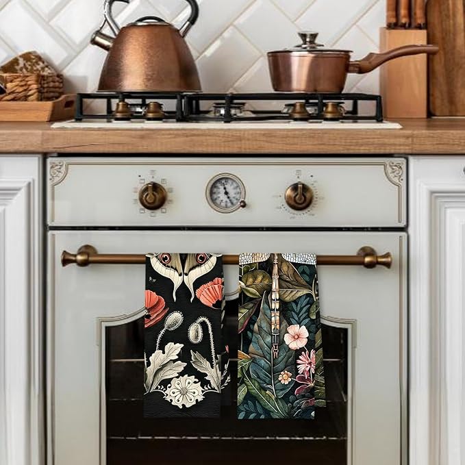 Moody Floral Moth Dragonfly Kitchen Towels Set of 2, Dark Cottagecore Botanical Dish Tea Towels for Kitchen Decor, Dark Academia Flowers Hand Towels for Bathroom Decor, 16x24 Inch