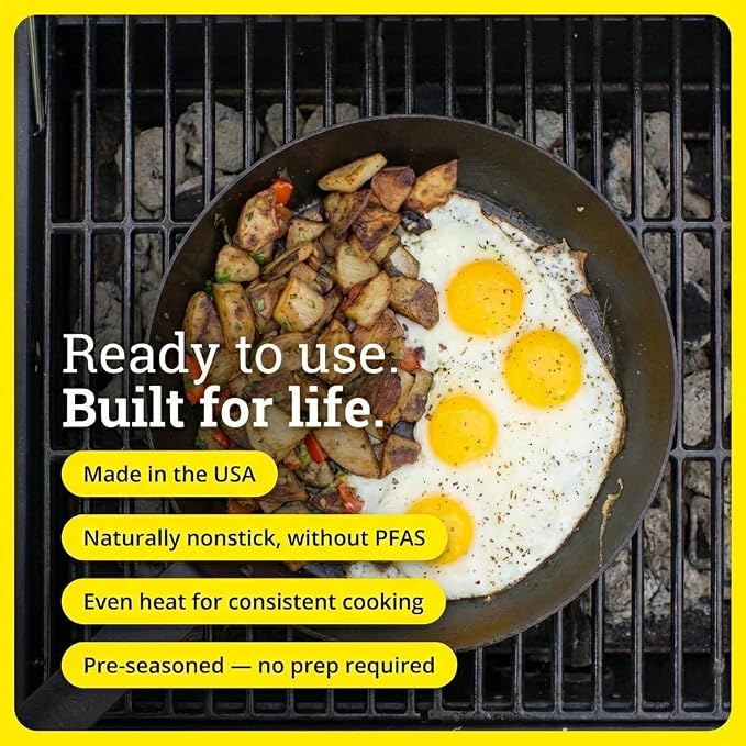 Lodge Seasoned Carbon Steel Skillet - Lightweight High Heat Frying Pan with Long Handle - Quick Temperature Response - Ideal for Searing & Sautéing - 12 Inches