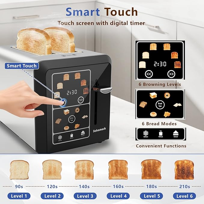 SAKAMOSH 2-Slice Touchscreen Toaster with bagel function | Even Toasting, 6 Browning Levels, Defrost and Cancel, Wide Slots Fit Thick Bread, Easy-clean Tray, Ideals for Busy Mornings