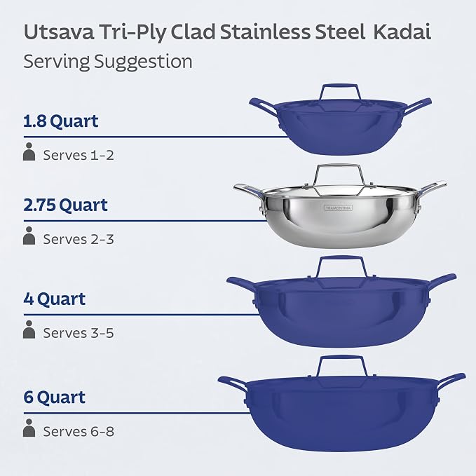 Tramontina Utsava 2.75-Quart Tri-Ply Clad Stainless Steel Kadai with Lid | Kadhai Pot for Indian Cooking