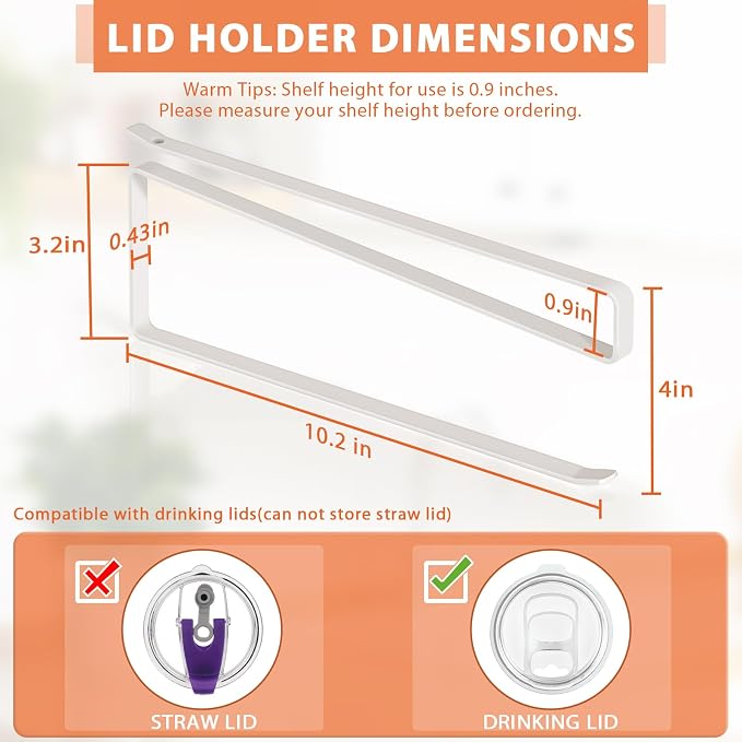 Tumbler Lid Organizer, Versatile Tumbler Lid Storage Holds 10 Lids, White | Space Saving Cup Lid Organizers Inside Cabinet Tumbler Lid Hook for Kitchen Organizer and Storage, Paper Towel Rack Hanger