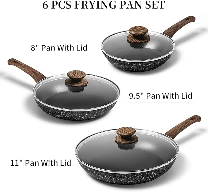 Innerwell Nonstick Ceramic Frying Pans Skillets Set with Lid 8"+9.5"+11" | No Toxic Egg Omelette Frying Pan, All Stove Compatible, Healthy Granite Induction Cooking Pan, PFOA & PFAS Free, Black