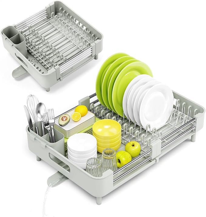 Urackify Extendable Stainless Dish Drying Rack for Kitchen Counter | 13.78"W x 18.7"L, Foldable Drainboard for Space Saving, Knife and Utensil Holder, Fast-draining Spout, Soft Celery Green