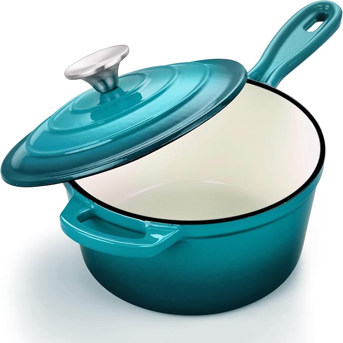 Leonyo 3 Qt Saucepan with Lid, Enamel Cast Iron Dutch Oven Pot, Lake Green | For All Cooktops Cooking Pasta, Milk, Soup- Up to 500°F & 8Lbs