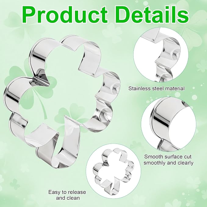 Shamrock Cookie Cutter, 3Pieces Shamrock Cookie Cutters for St. Patrick's Day, Stainless Steel Clover Shaped Molds Fondant Biscuit Fruit Cutters for St. Patrick's Day Holiday Birthday Party Supplies
