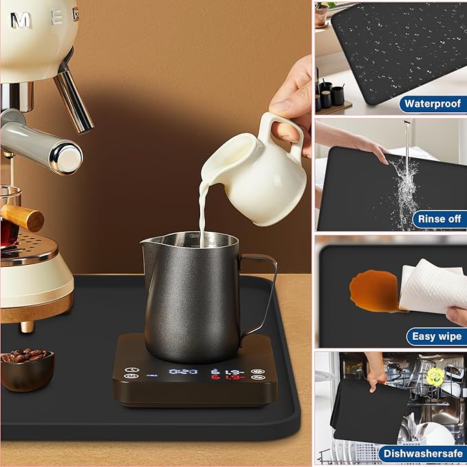 Coffee Mat, 19" x 12" Silicone Coffee Bar Mat, Non-Slip Espresso Machine Mat with 0.44" Raised Edges, Waterproof Heat Resistant Countertop Protector, Dishwasher Safe