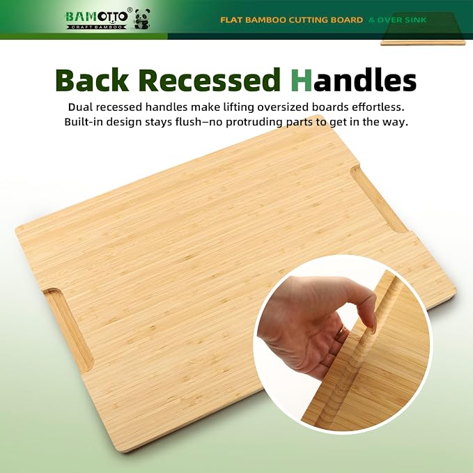 BAMOTTO CRAFTBAMBOO Extra Large Bamboo Cutting Board 24"x18" | Juice Groove | Handles | 100% Natural Bamboo Flat Board for Meat Carving, Charcuterie, Cheese Bread & Daily Kitchen Prep
