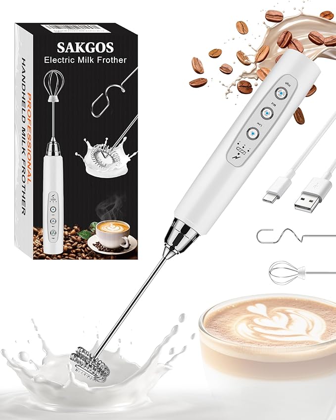 Milk Frother Wand Rechargeable Handheld Electric Whisk 3 Speed Adjustable | Coffee Frother Wand with 3 Stainless Whisks Electric Foam Maker Drink Mixer Blender for Latte Cappuccino Matcha Egg