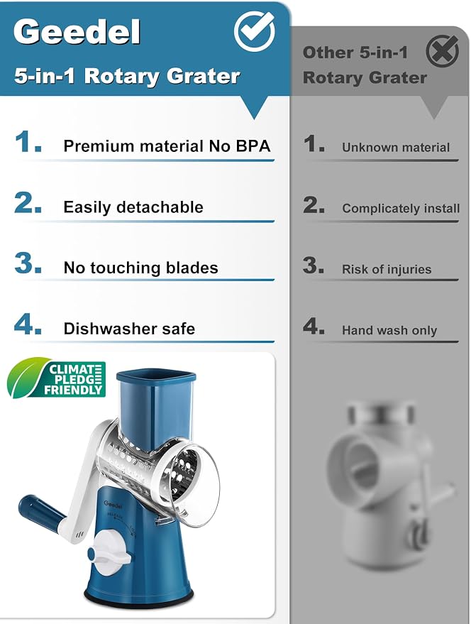 Geedel Rotary Cheese Grater Hand Crank, Cheese Shredder Vegetable Slicer | 5 Blades, 430 Stainless Steel, 12x Fast Cutting, Strong Suction Base, No BPA, Dishwasher Safe, for Cheese, Veggie, Nut