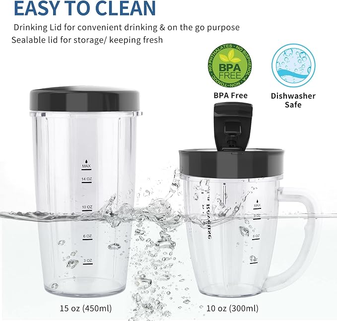 La Reveuse Personal Smoothie Blender, 7 Pieces Set, 250W, Black | for Shakes Smoothies Dips Sauces, BPA-free, Push to Blend, (1) 15oz Cup, (1) 10oz Mug, Dishwasher Safe, Compact, LARB2501B