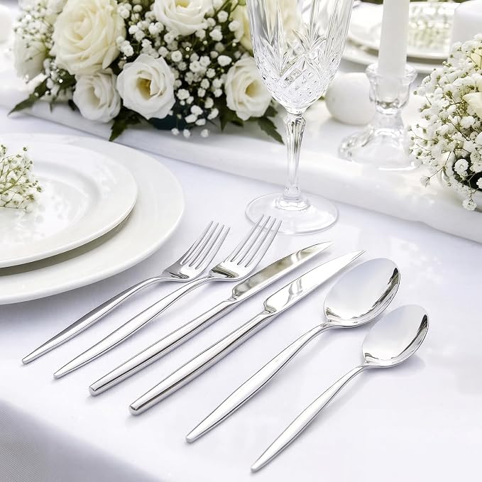 48 Piece Silverware Set for 8 with Steak Knives, 18/10 Stainless Steel | KINGSTONE Flatware set, Mirror Polished Fork Knives Spoon Utensils,Cutlery set for Home Restaurant Wedding, Dishwasher Safe