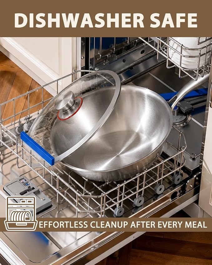 12.5-Inch Tri-Ply Stainless Steel Wok Pan with Lid | Detachable handle | Stir-Frying Pan | Induction Wok | Dishwasher and Oven Safe | Heavy-Duty | Flat-Bottom