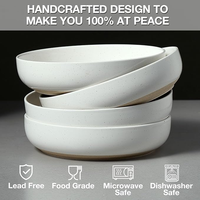 Gencywe 8.3" Pasta Bowls Set of 4, 34 oz Ceramic Salad Bowls, White Serving Plate, Wide and Shallow Bowl for for Fruits, Noodle, Dinner, Housewarming Wedding Christmas Dishwasher and Microwave Safe
