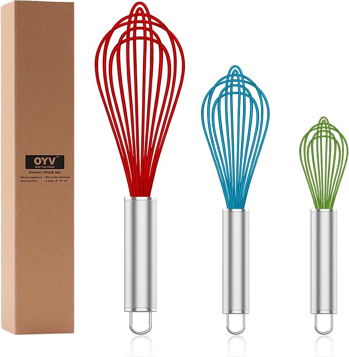 OYV Silicone Whisk Set of 3, 8/10/12 Inch, Non-Scratch, Red/Blue/Green | BPA-Free Silicone, Heat Resistant Up to 480°F, Stainless Steel Core, Dishwasher Safe, Nonstick-Safe