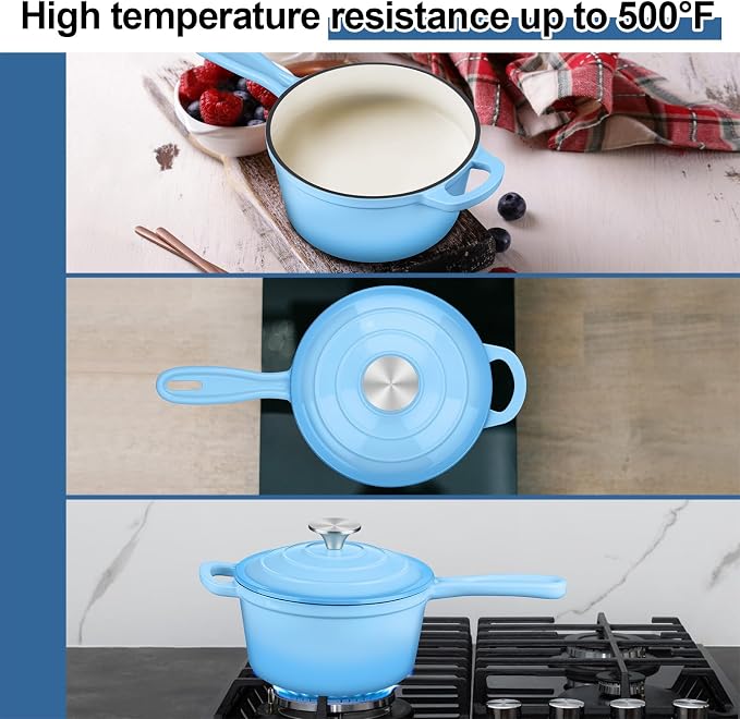 Enameled Cast Iron Sauce Pan with Lid, Leonyo 1 Quart Saucepan with Lid, Small Enamel Cast Iron Dutch Oven Kitchen Cookware for All Cooktops Cooking Soup, Milk - Up to 500°F & 4.4Lbs, Lake Blue