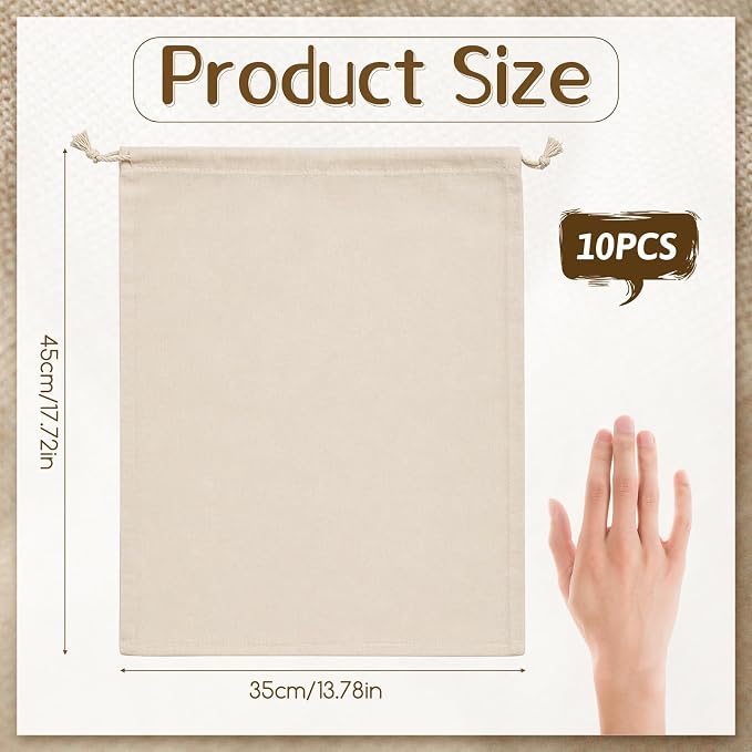 10PCS Pure Cotton Storage Bags with Drawstring, X-Large 14x17'', Natural Vegetable Storage Bag, Reusable Muslin Bulk Flour Sack Bag, Washable Food Safe, for Bread Grocery Produce Shopping DIY Tie Dye