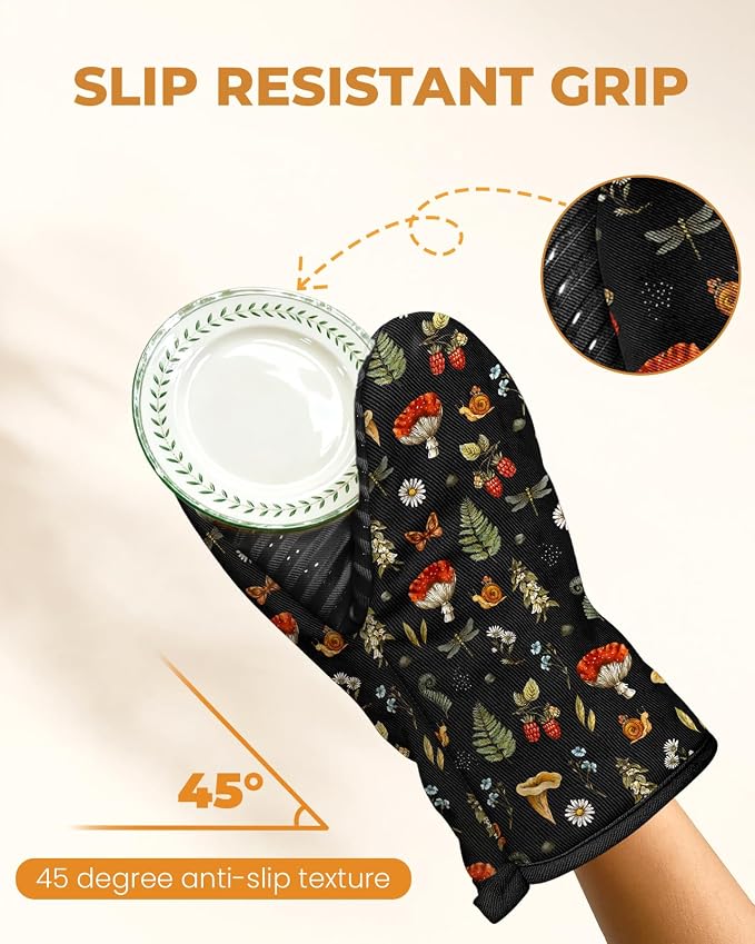 100% Thick Cotton Mini Oven Mitts Silicone Grip Black Mushroom | Girly Cute Oven Mitts for Women, Machine Washable, Non-Slip, Reversible Design Fits Both Hands, Stylish Kitchen Decor