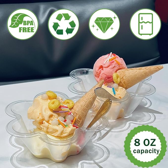 8 oz Plastic Dessert Cups with Spoons, 100ct | Clear Flower Shaped Party Sundae Serving Bowls, Parfait Appetizer Cups for Ice Cream, Nuts, Salad