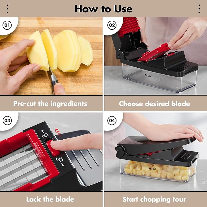 Geedel Vegetable Chopper, Onion Chopper Pro Food Chopper, Kitchen Vegetable Slicer Dicer Cutter Grater, Veggie Chopper with container for Salad Onion Potato Carrot (4 in 1, Red) | Onion Chopper, 420 Stainless Steel, Safety Lock, Dishwasher Safe, No BPA...