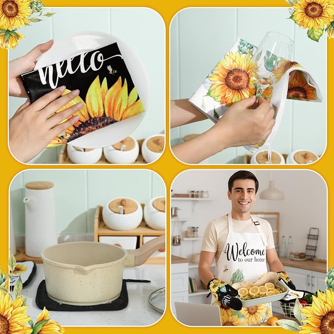 Bencailor 13 Pcs Sunflower Kitchen Decor Black and White Flower Apron Dish Towels Oven Mitt and Pot Holder Set Sunflower Kitchen Accessories for Farmohouse Home Decor