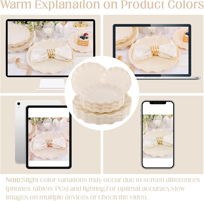 LIYH 24 Pcs Plastic Plates Reusable,Unbreakable Dinner Plates, Scalloped Plastic Plates, Dishwasher Safe,Ivory Plate Sets Perfect for Parties, Birthday, Picnics, BPA Free(12Guests)