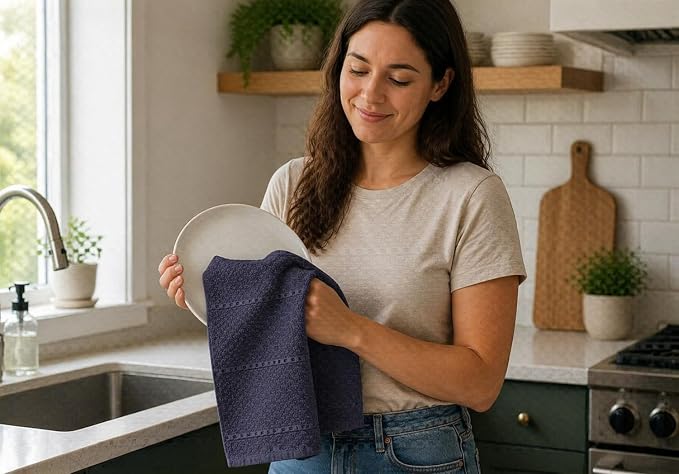 Eggplant Purple Kitchen Hand Dish Towels: Oversized 28" x 18", 100% Cotton Cloth Soft Cleaning Drying Absorbent Textured Design, Set of 3 Multipurpose for Everyday Use