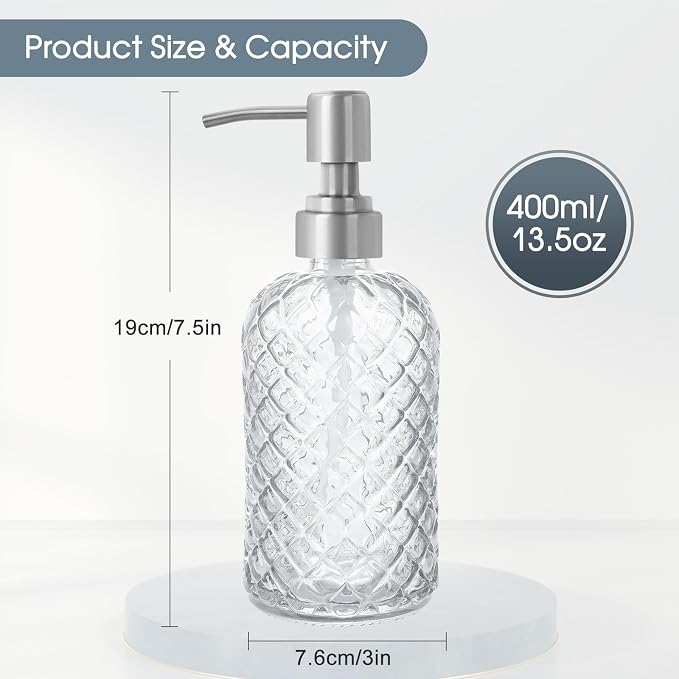 Gem-Patterned Glass Soap Dispenser with Rust Proof Stainless Steel Pump-13 oz Liquid Hand Soap Dispenser for Kitchen & Bathroom,Great for Lotions, Essential Oil, Liquid Soaps-Clear